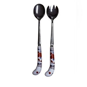 House of Prill Stainless Sheffield England Porcelain Salad Utensils Serving Set